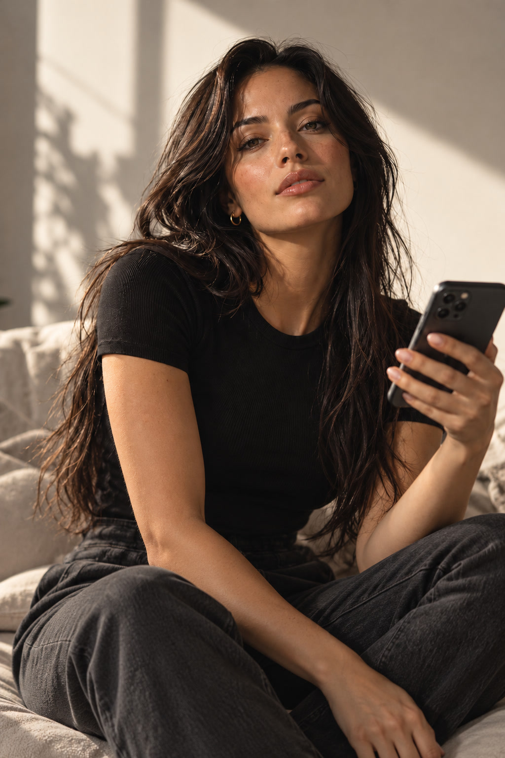 Illustrative creator holding her phone
